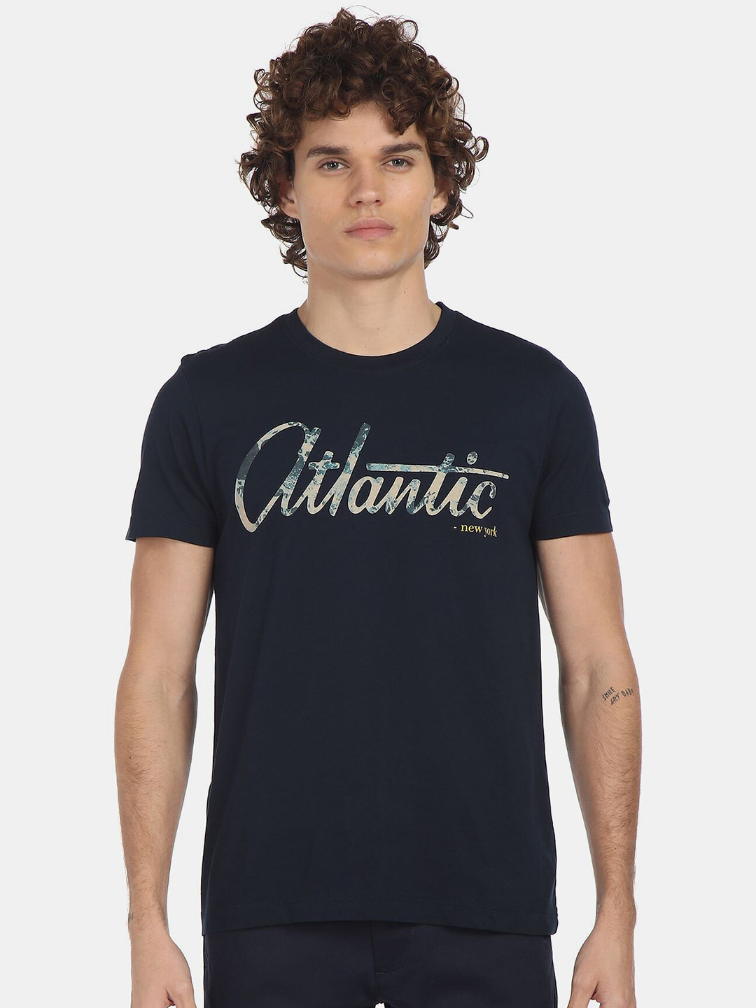 

Arrow Sport Men Navy Blue Typography Printed Pure Cotton T-shirt