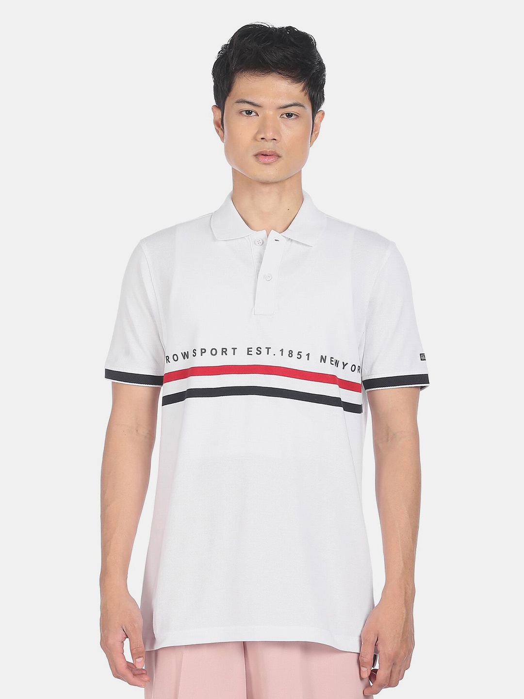 

Arrow Sport Men White Typography Polo Collar Pure Cotton T-shirt