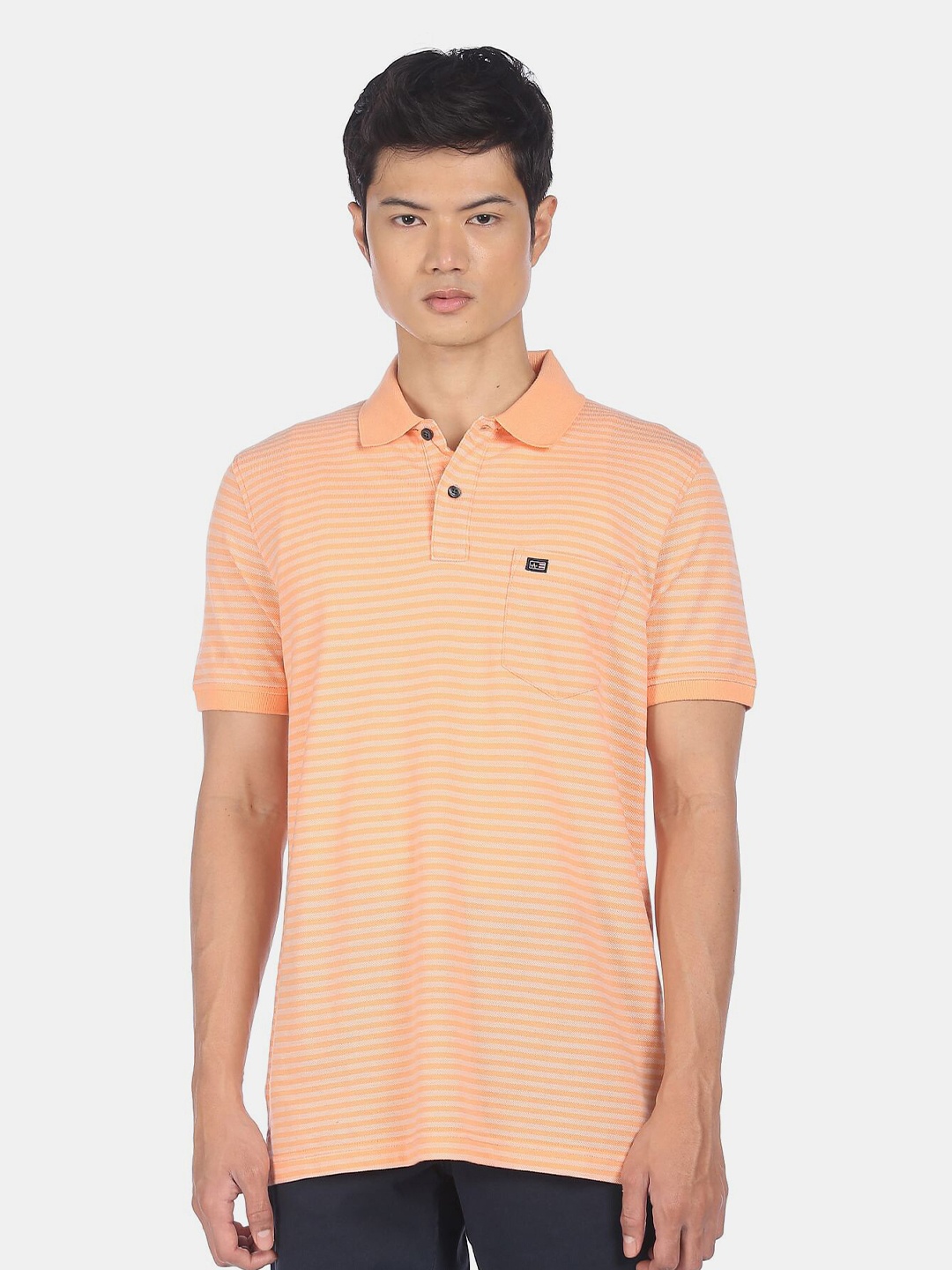 

Arrow Sport Men Orange Striped Pure Cotton Polo Collar Pockets T-shirt