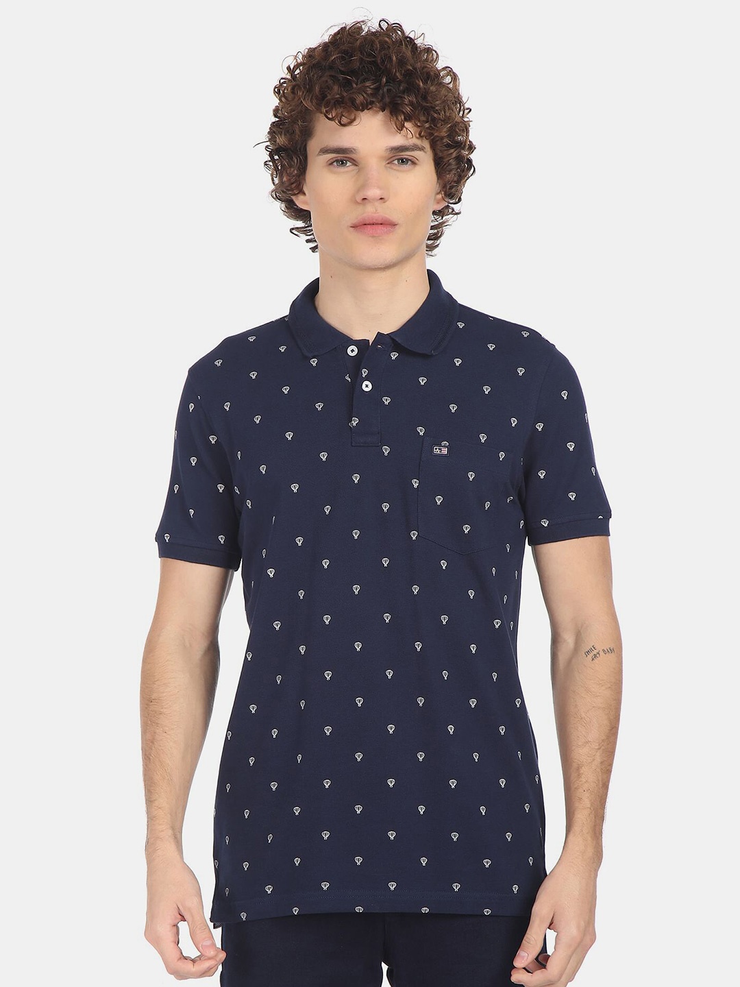 

Arrow Men Navy Blue & White Printed Polo Collar Pure Cotton T-shirt