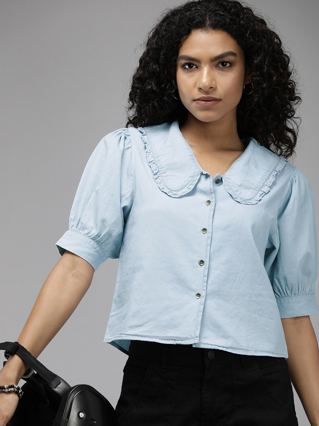 

The Roadster Life Co. Peter Pan Collar Pure Cotton Chambray Casual Shirt, Blue