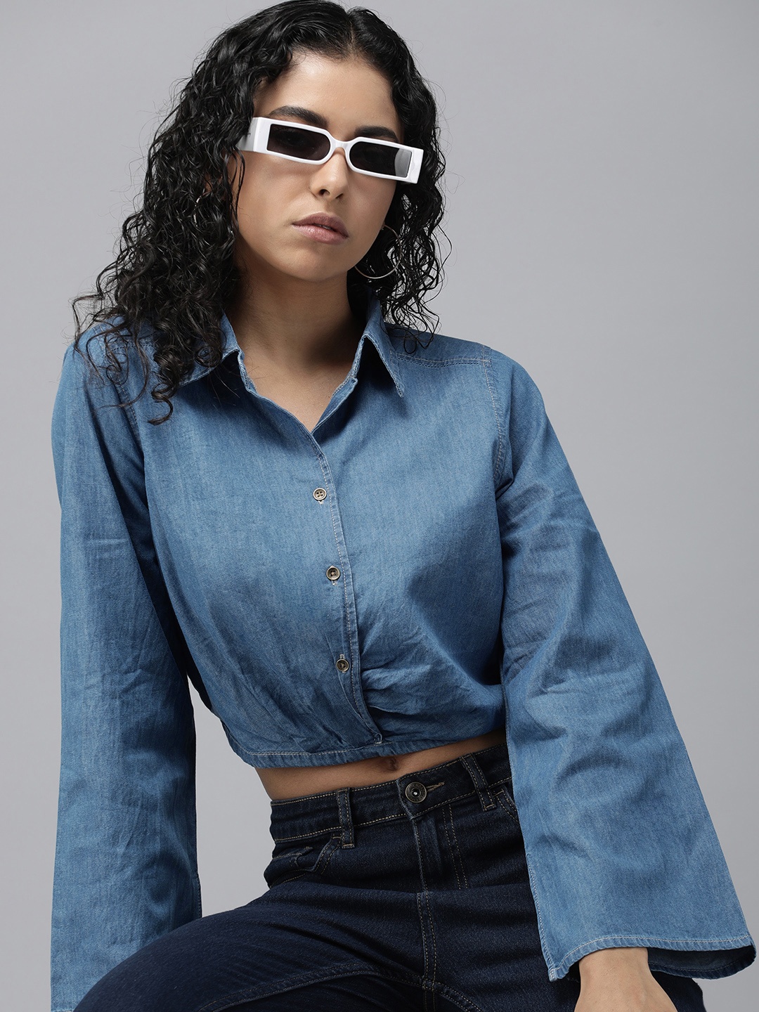 

The Roadster Lifestyle Co. Pure Cotton Flared Sleeves Chambray Shirt Style Crop Top, Blue