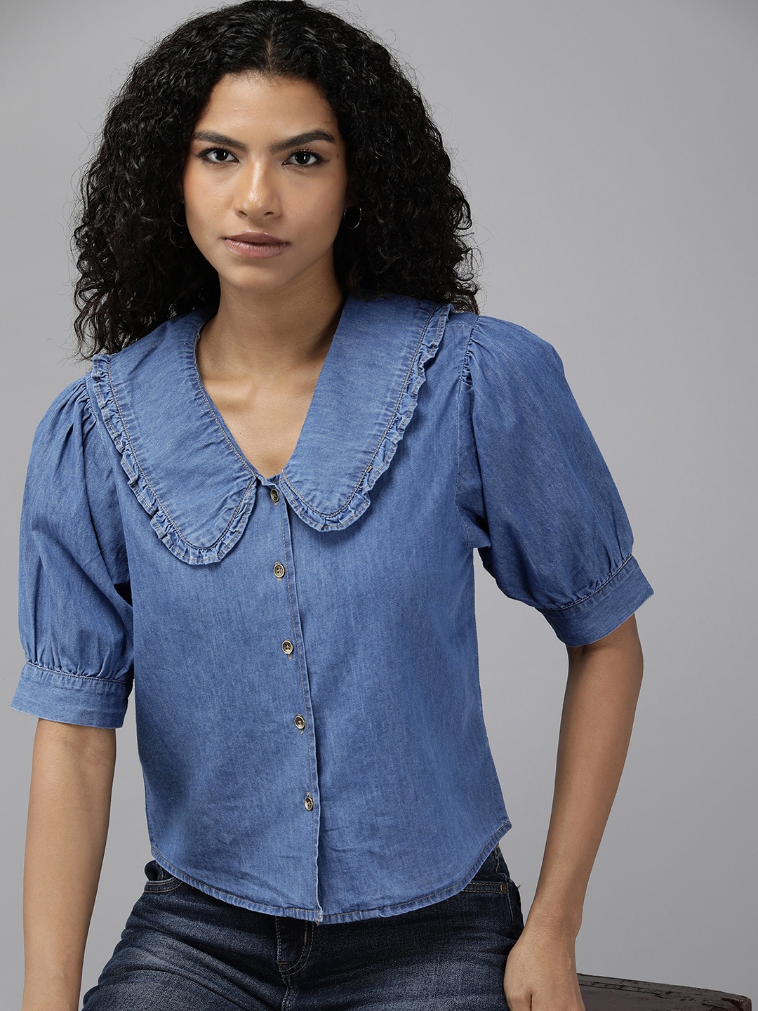 

The Roadster Life Co. Peter-Pan Collar Puff Sleeves Pure Cotton Chambray Casual Shirt, Blue