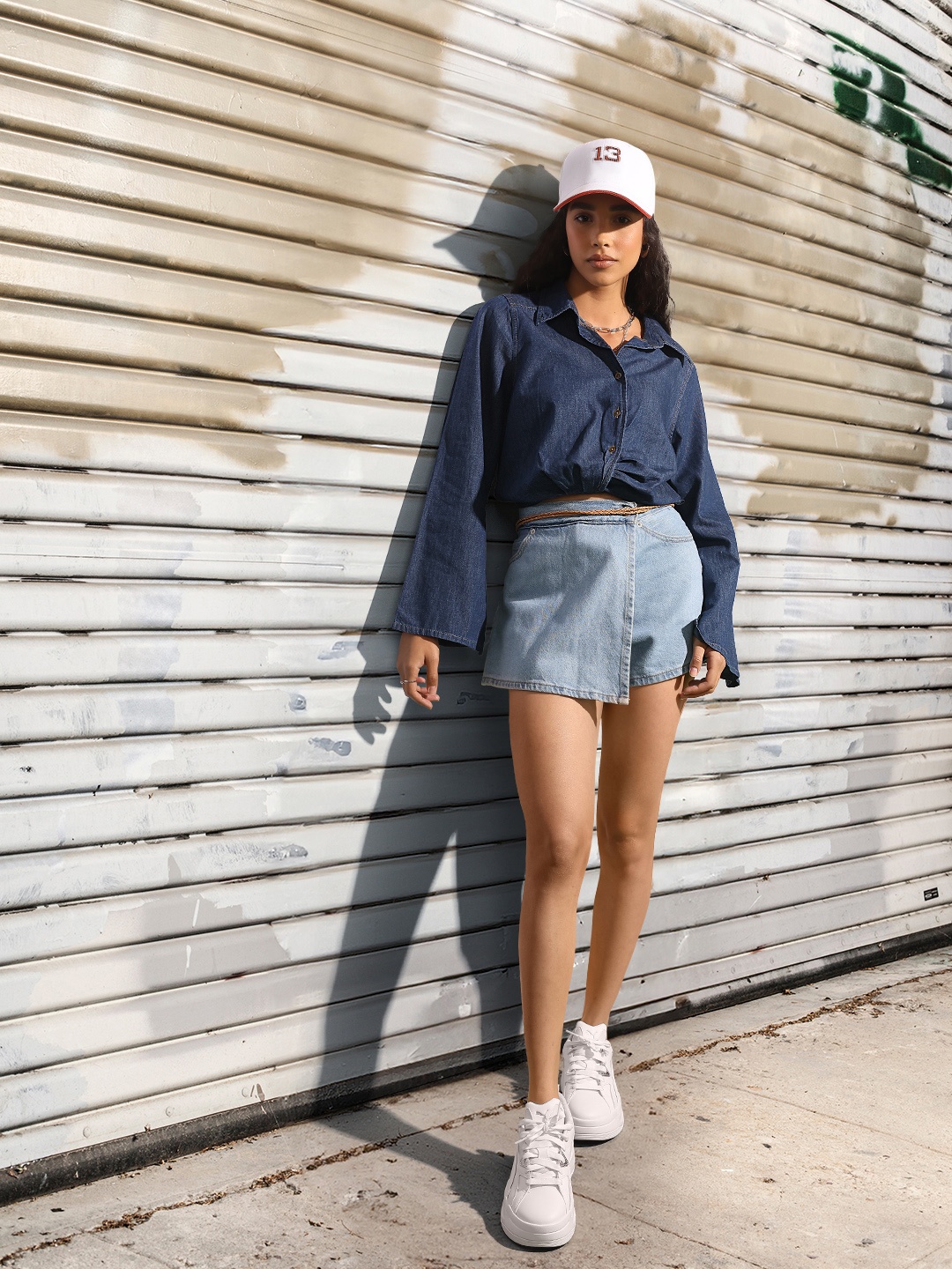 

The Roadster Life Co. Pure Cotton Chambray Crop Shirt, Blue