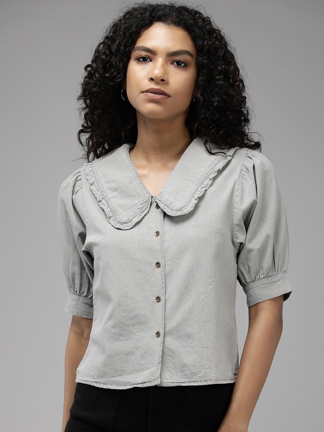 

The Roadster Life Co. Peter Pan Collar Pure Cotton Chambray Casual Shirt, Grey