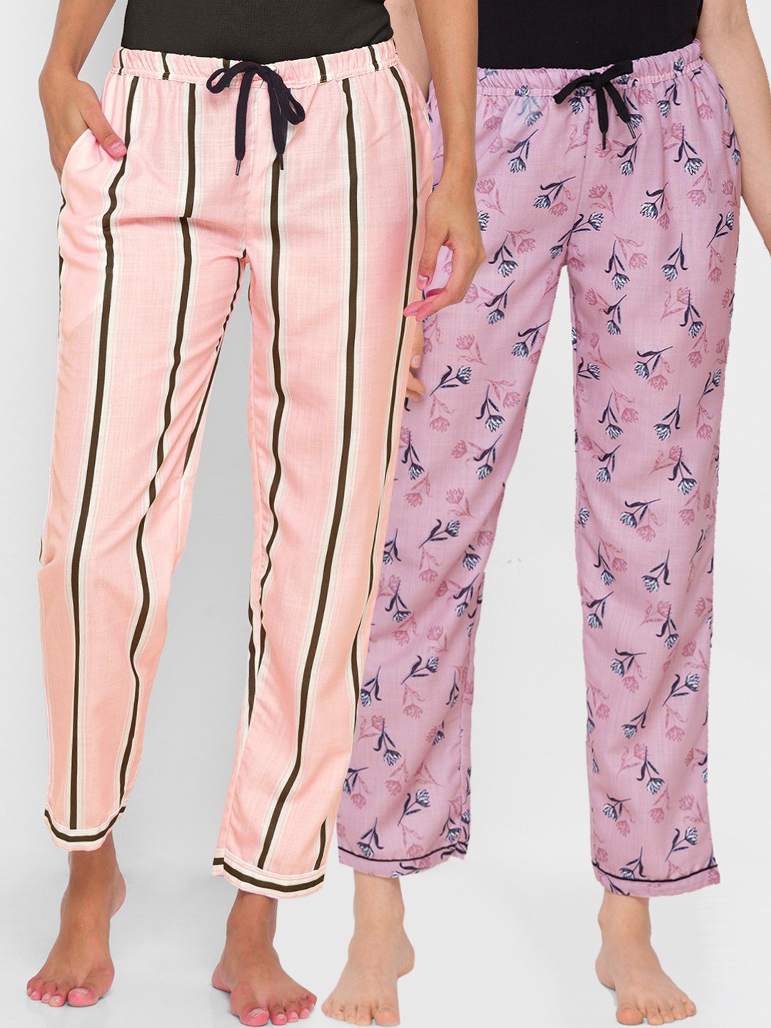 

FashionRack Women Pack of 2 Pink & Navy Blue Mid Rise Cotton Lounge Pants