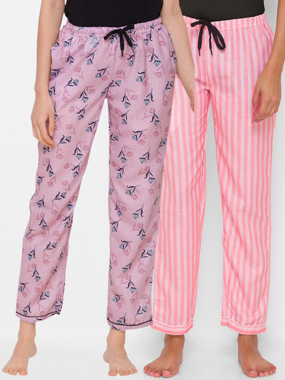 

FashionRack Women Pink Set Of 2 Printed Cotton Lounge Pants