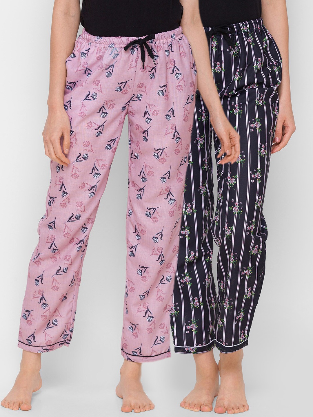 

FashionRack Women Pink & Black Set Of 2 Printed Cotton Lounge Pants