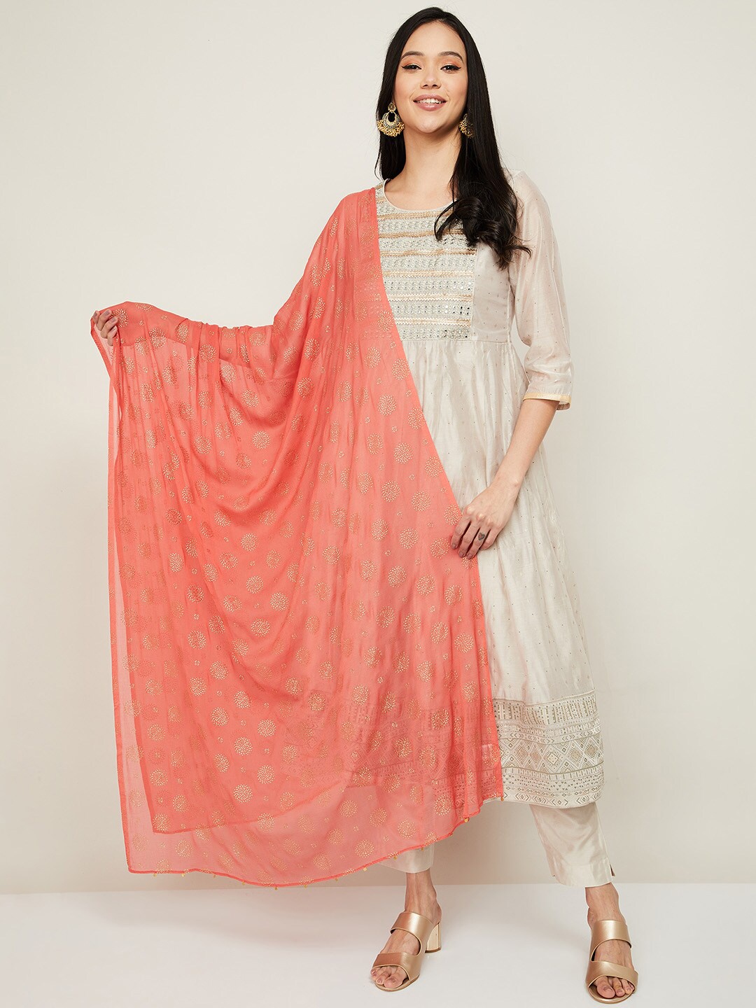 

Melange by Lifestyle Women Coral & Gold-Toned Printed Dupatta