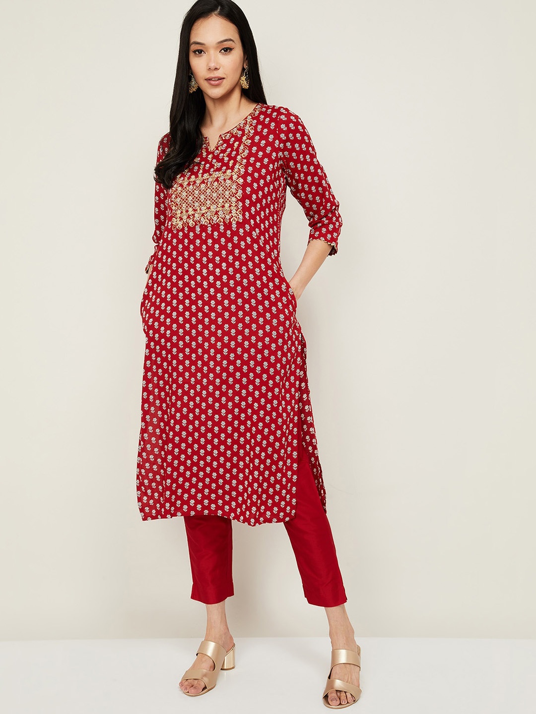 

Melange by Lifestyle Women Red & Gold-Toned Ethnic Motifs Yoke Design Thread Work Kurta
