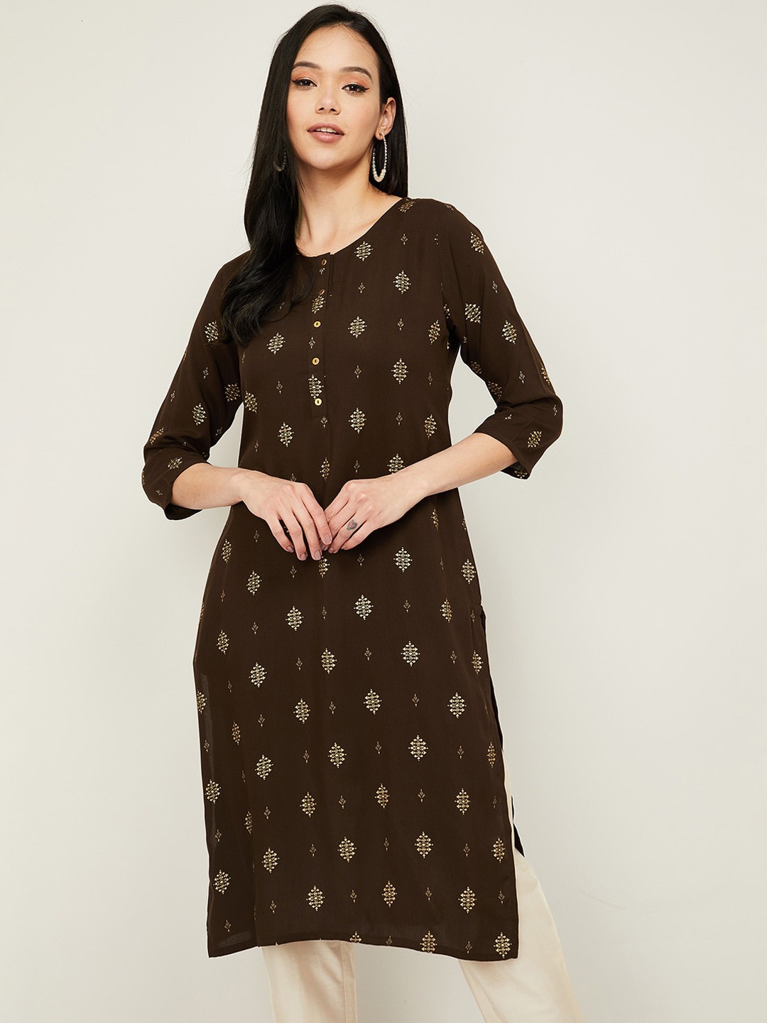 

Melange by Lifestyle Women Brown & Beige Ethnic Motifs Printed Kurta