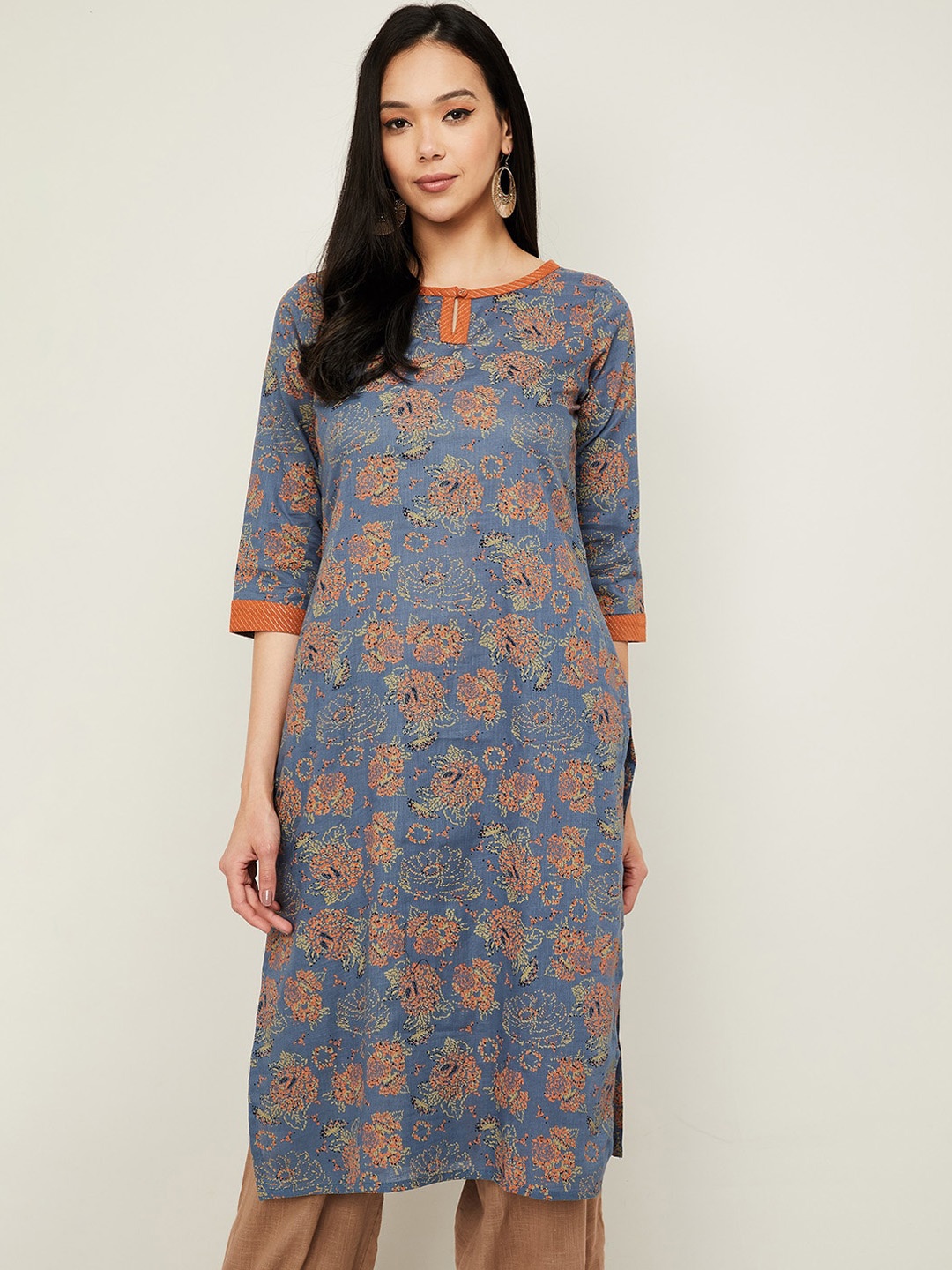 

Melange by Lifestyle Women Grey & Orange Floral Printed Keyhole Neck Kurta
