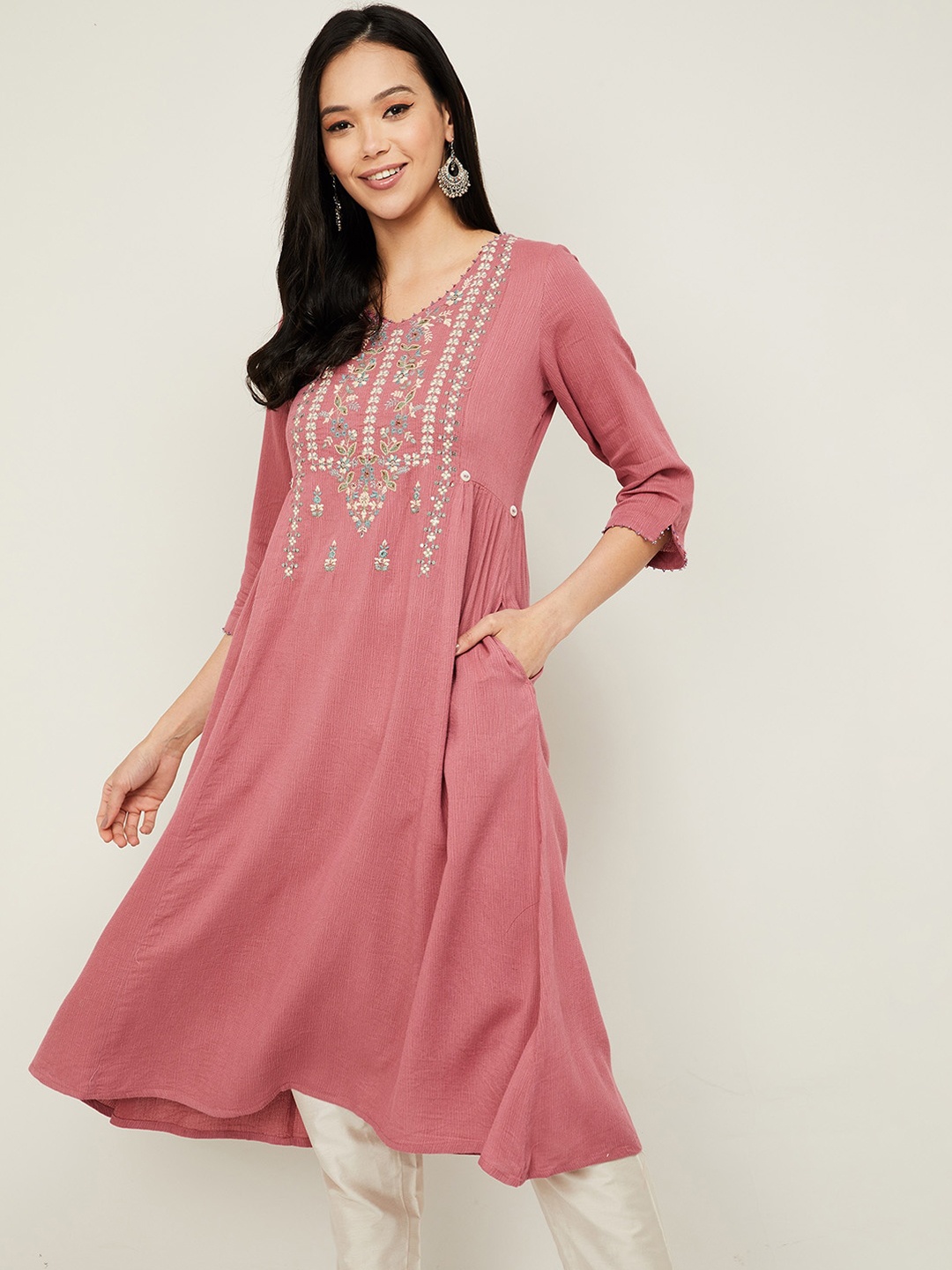 

Melange by Lifestyle Women Pink Embroidered Mirror Work Anarkali Kurta