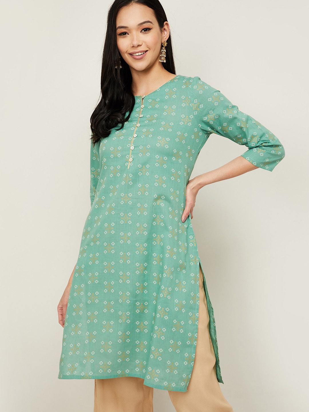 

Melange by Lifestyle Women Green Cotton Geometric Printed Kurta