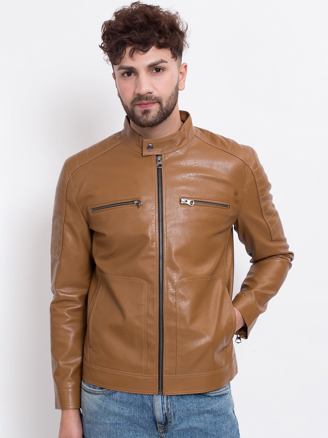 

Justanned Faux Leather Outdoor Biker Jacket, Tan
