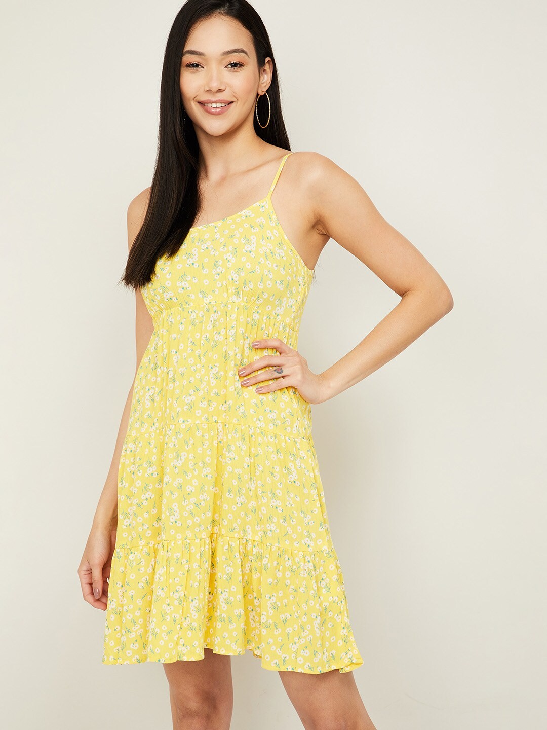 

Ginger by Lifestyle Yellow & White Floral Printed Tiered A-Line Dress