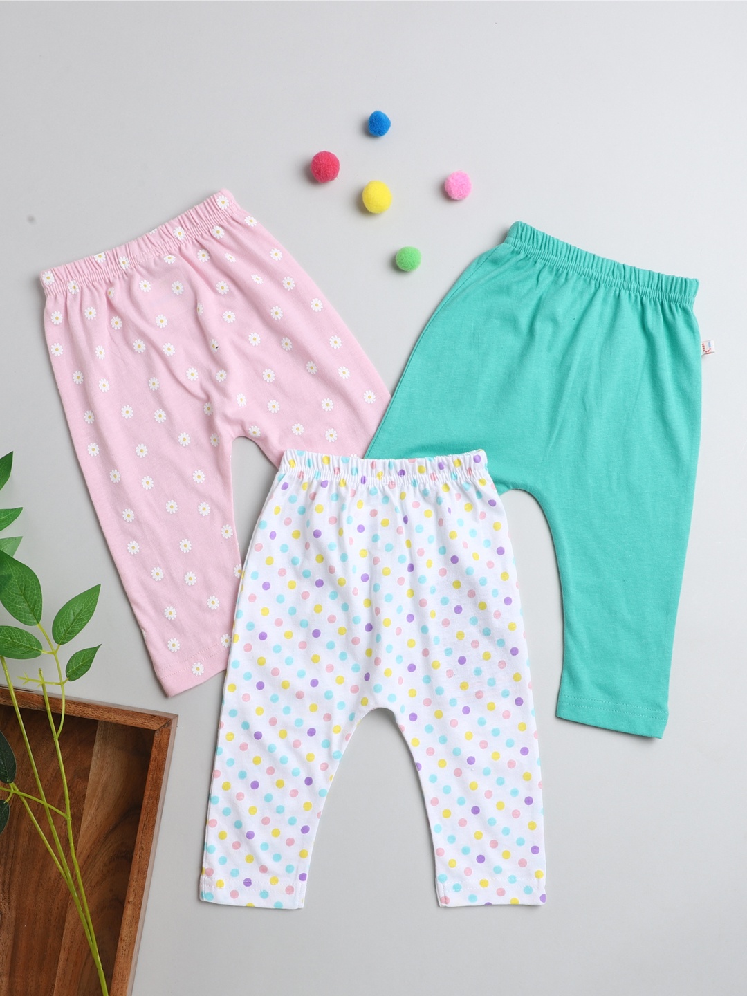

BUMZEE Infant Girls Pack Of 3 Cotton Ankle Length Diaper Leggings, Pink