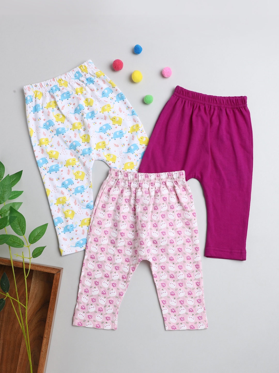 

BUMZEE Infant Girls Pack Of 3 Cotton Ankle Length Diaper Leggings, Pink