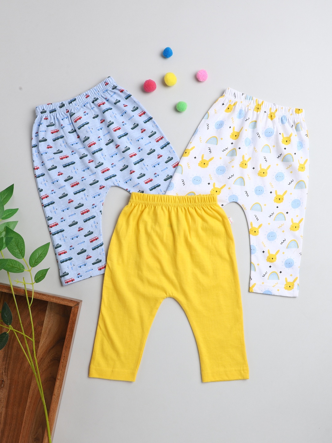 

BUMZEE Infant Boys Pack Of 3 Cotton Ankle Length Diaper Leggings, Yellow