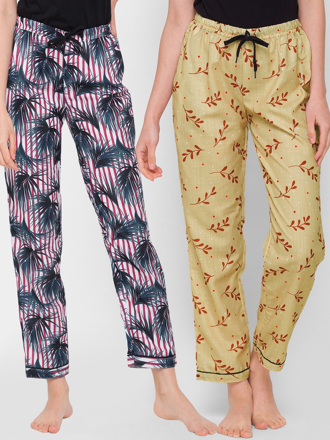 

FashionRack Women Pack Of 2 Red & Beige Printed Cotton Lounge Pants