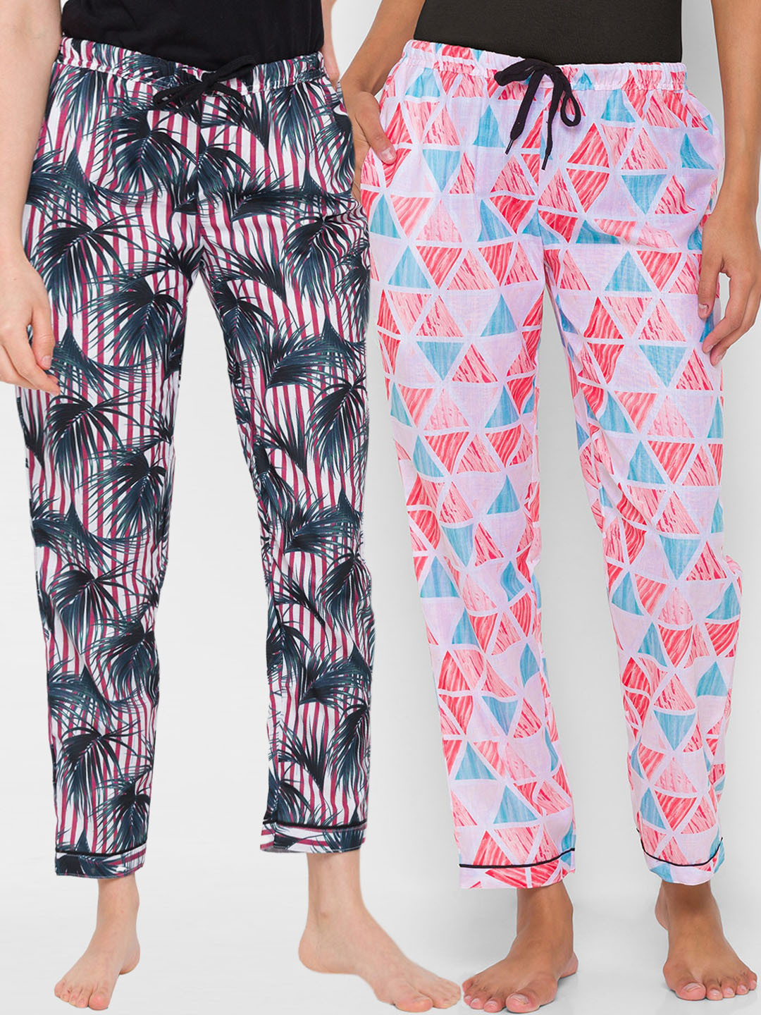

FashionRack Women Red Set Of 2 Printed Cotton Lounge Pants