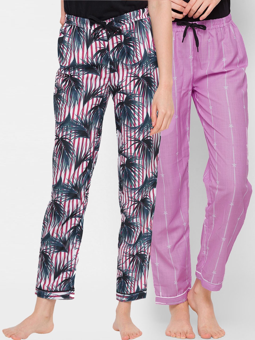 

FashionRack Women Red & Purple Set Of 2 Printed Cotton Lounge Pants