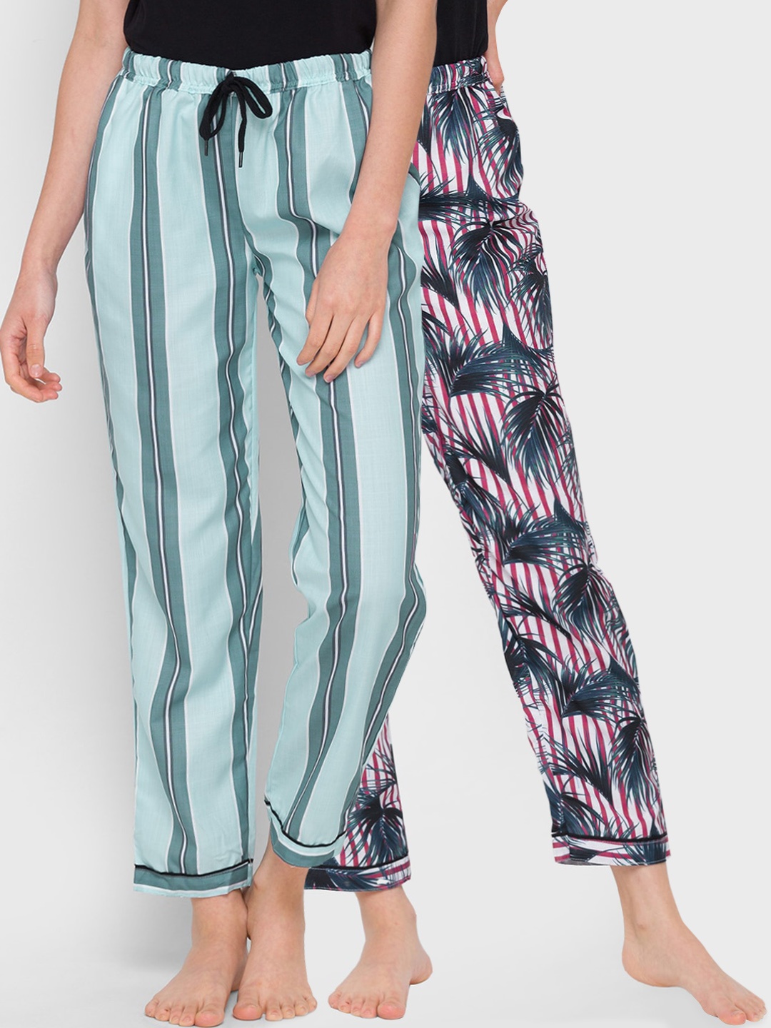 

FashionRack Women Pack Of 2 Red & Blue Printed Cotton Lounge Pants
