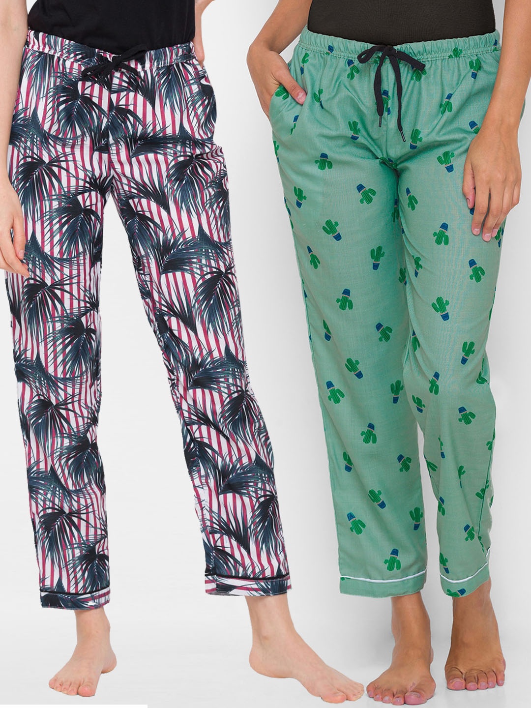 

FashionRack Women Pack of 2 Red & Green Cotton Printed Lounge Pants