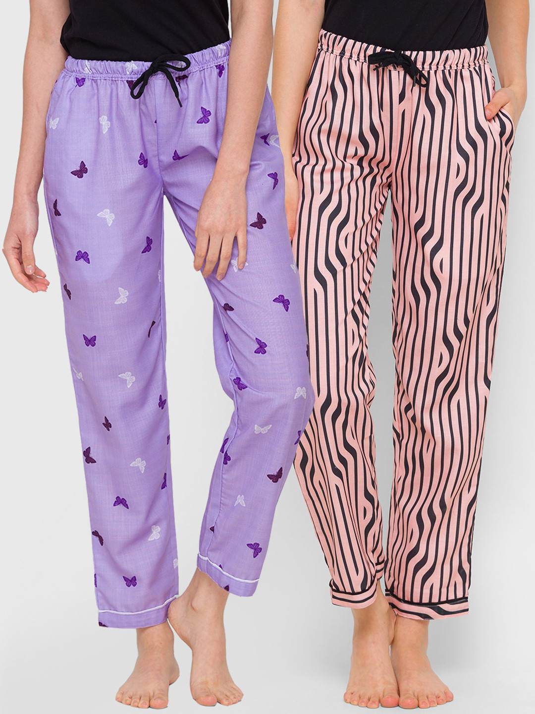 

FashionRack Women Pack Of 2 Purple & Beige Printed Cotton Lounge Pants