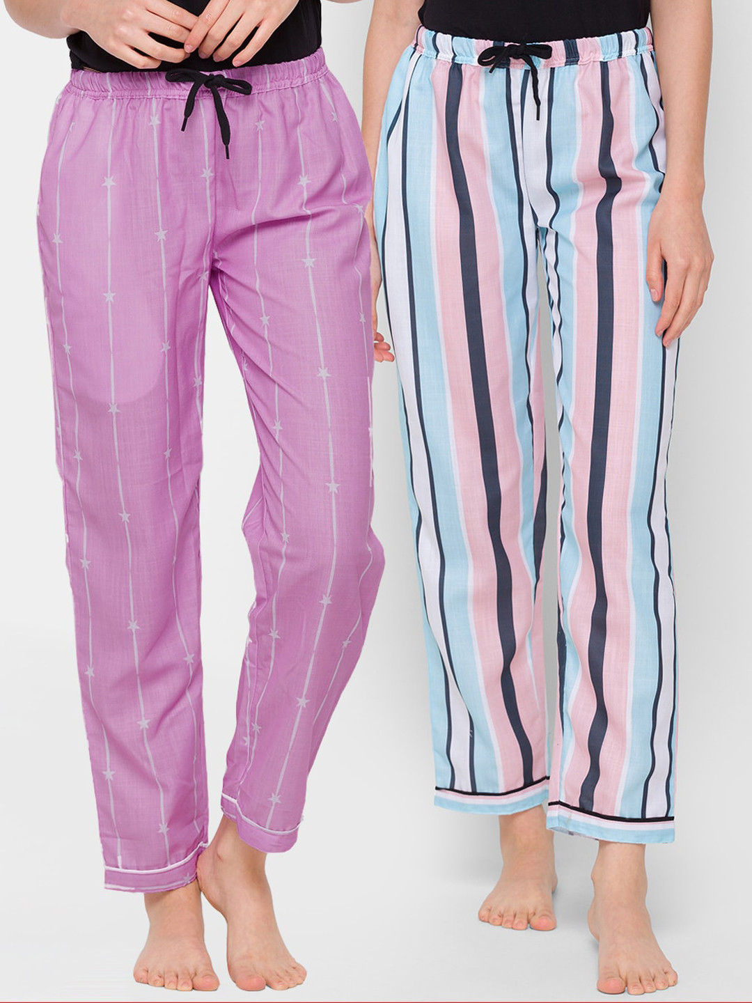 

FashionRack Women Purple & Blue Set Of 2 Printed Cotton Lounge Pants
