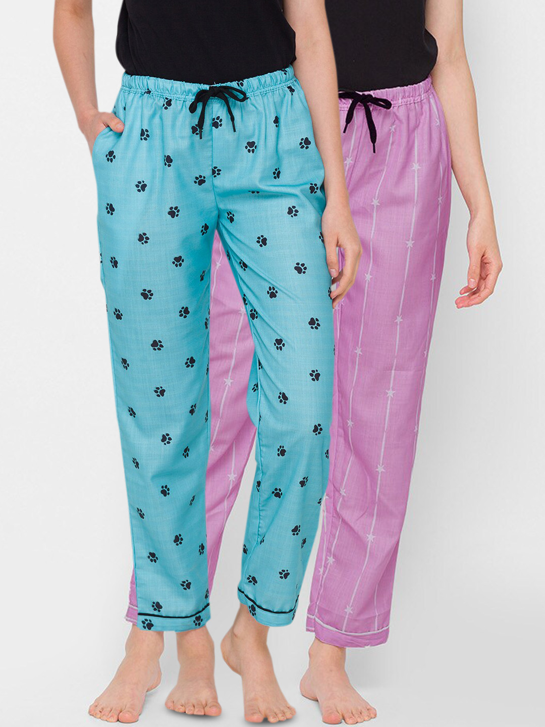 

FashionRack Women Purple & Blue Set Of 2 Printed Cotton Lounge Pants