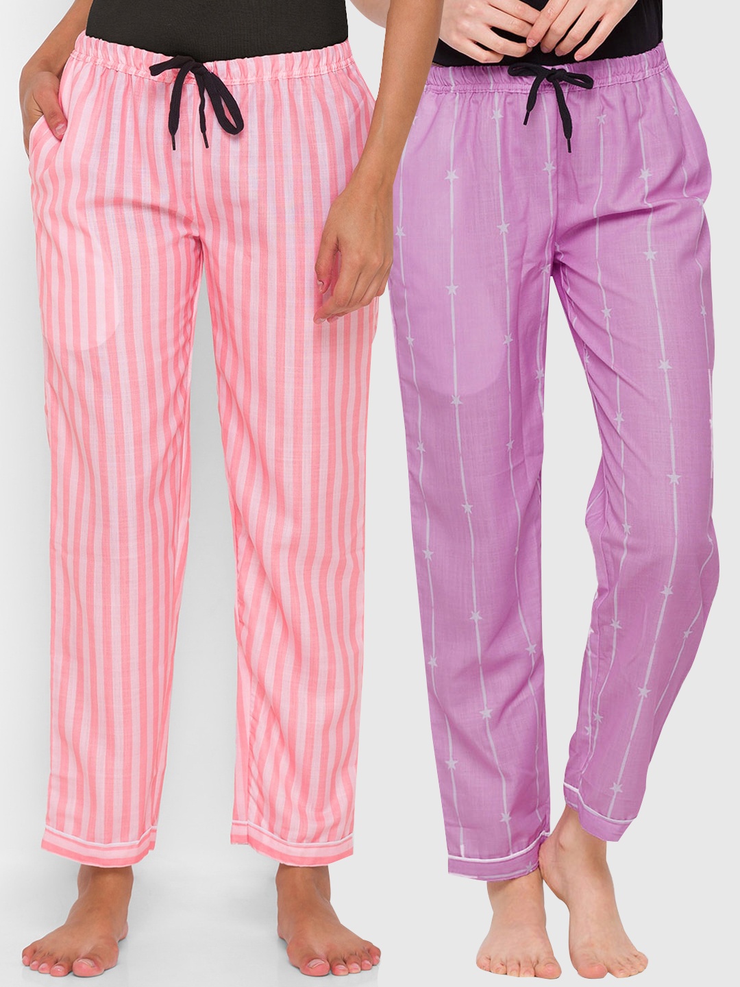 

FashionRack Women Pack Of 2 Purple & Pink Striped Cotton Lounge Pants