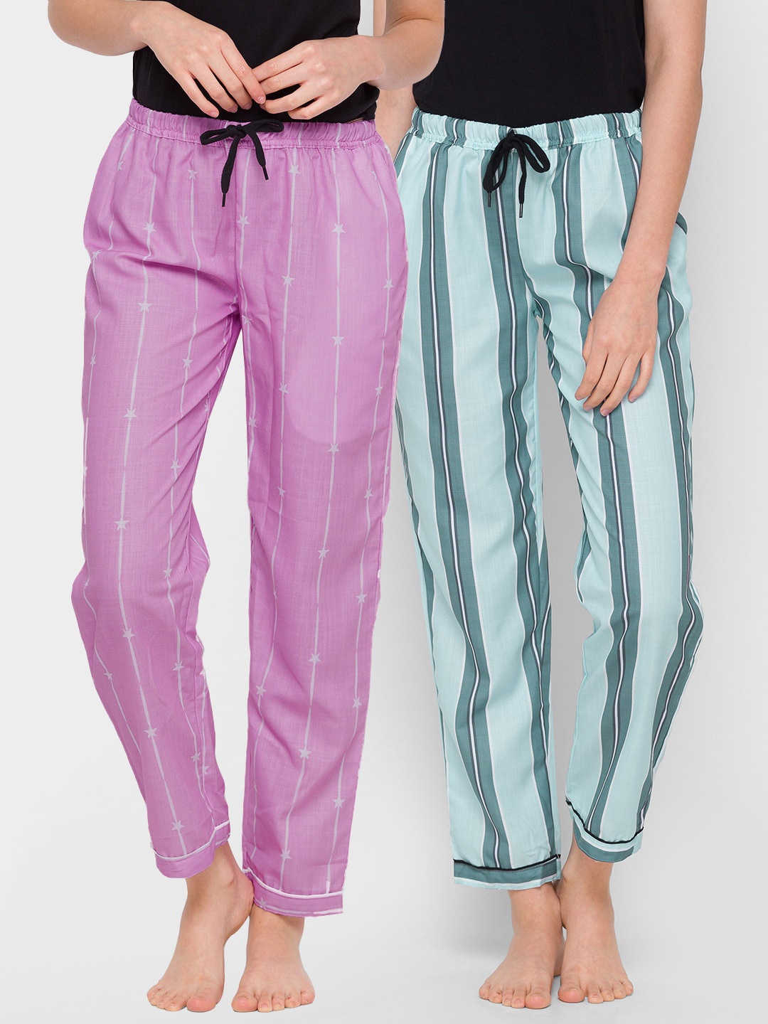 

FashionRack Women Pack Of 2 Purple & Blue Striped Cotton Lounge Pants
