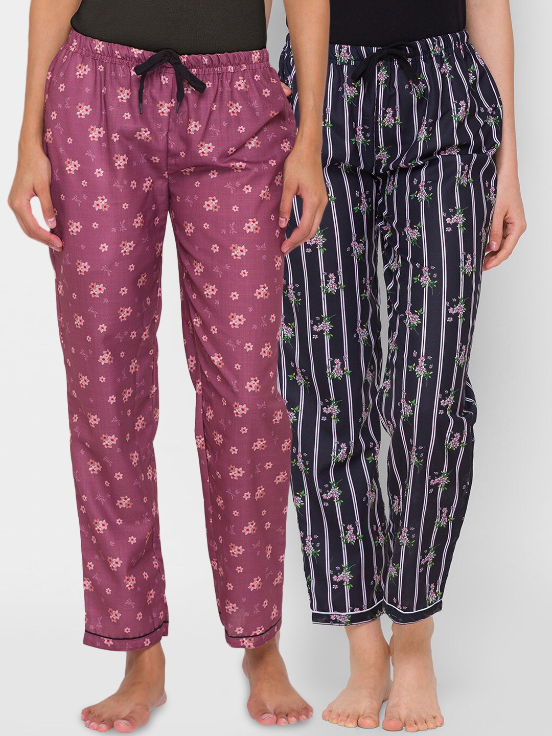 

FashionRack Women Purple & Black Set Of 2 Printed Cotton Lounge Pants