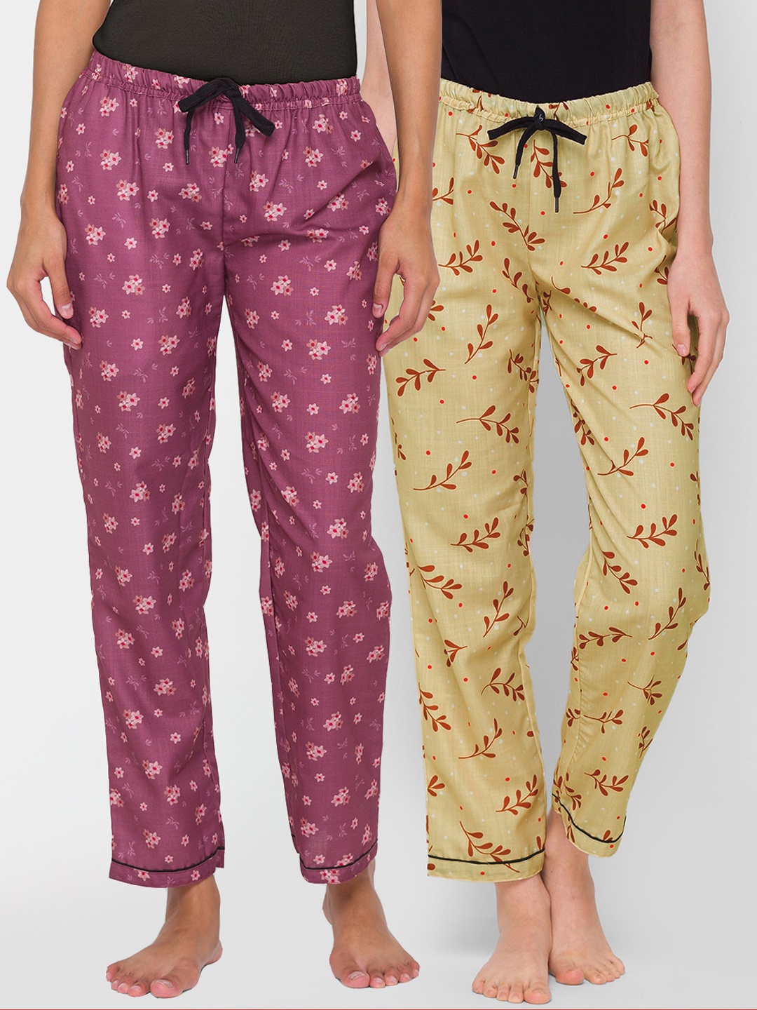 

FashionRack Women Purple & Beige Set Of 2 Printed Cotton Lounge Pants