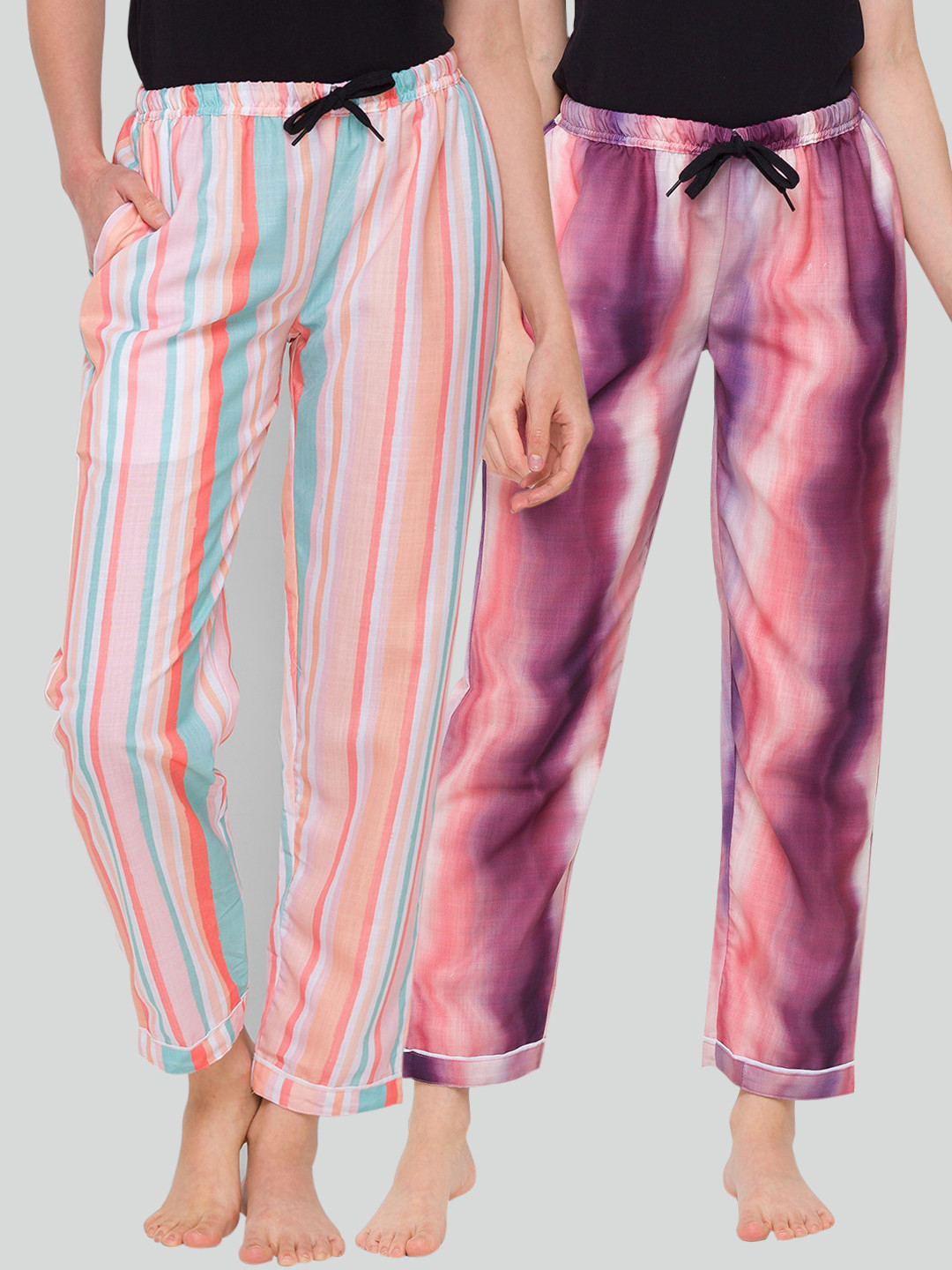 

FashionRack Women Purple & Pink Set Of 2 Printed Cotton Lounge Pants
