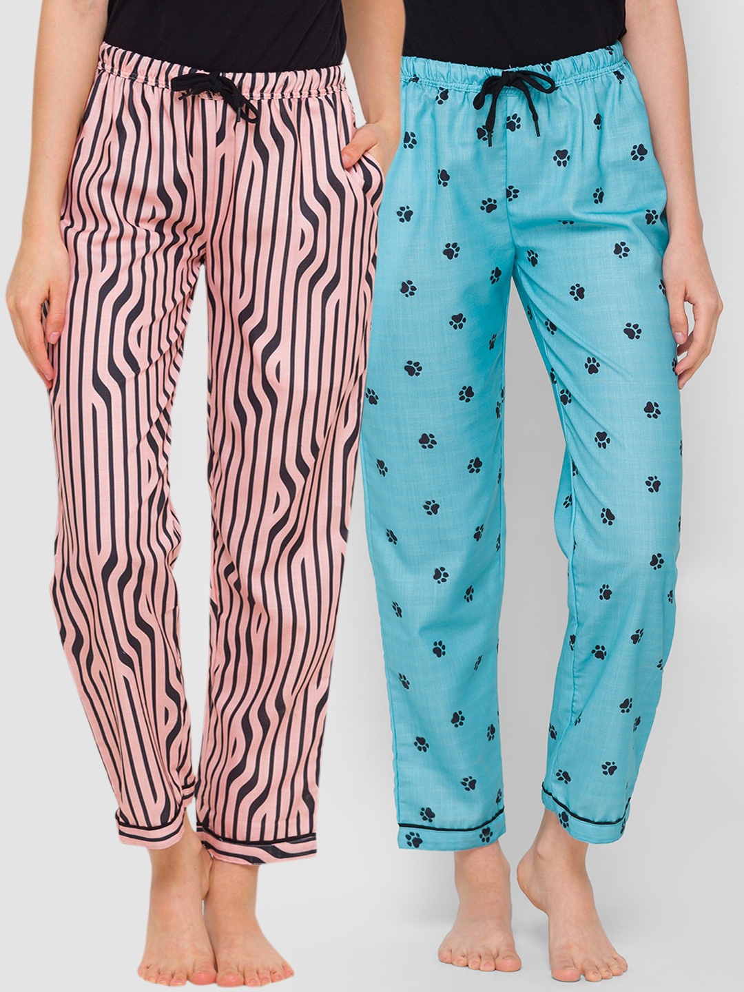 

FashionRack Women Pack Of 2 Beige & Blue Printed Cotton Lounge Pants