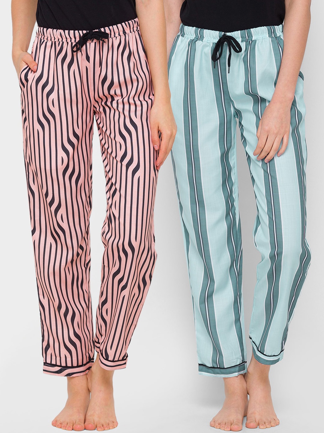 

Kryptic Woman Pack Of 2 Beige & Blue Printed 100% Cotton Lounge Pants
