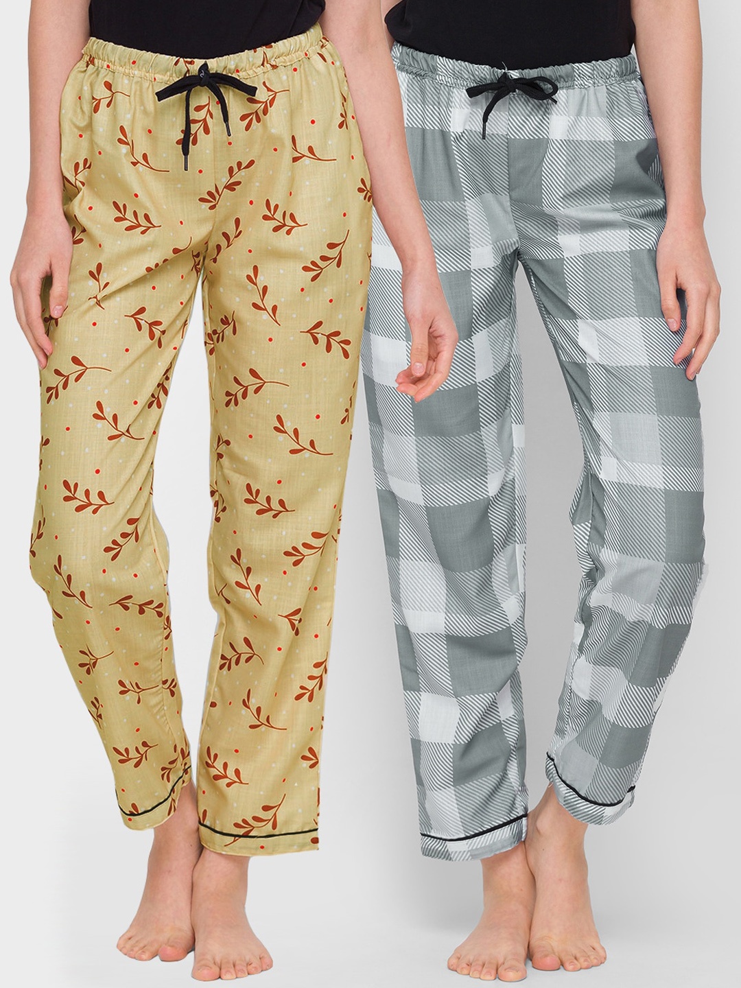 

FashionRack Women Pack of 2 Grey & Beige Printed Cotton Lounge Pants