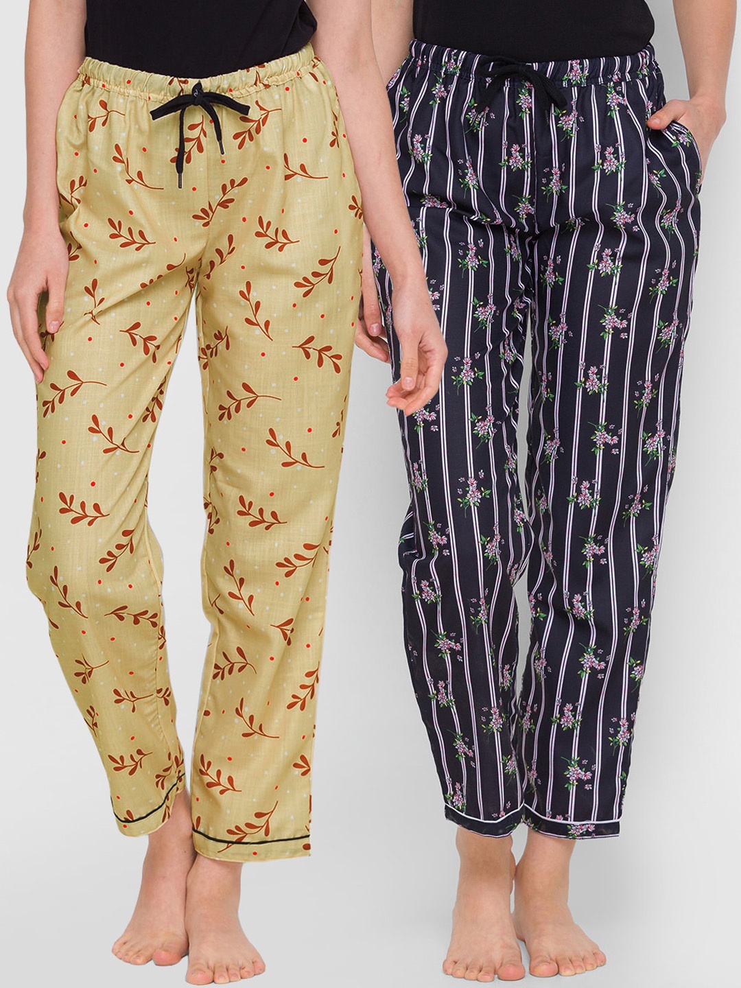 

FashionRack Women Beige & Black Set Of 2 Printed Cotton Lounge Pants