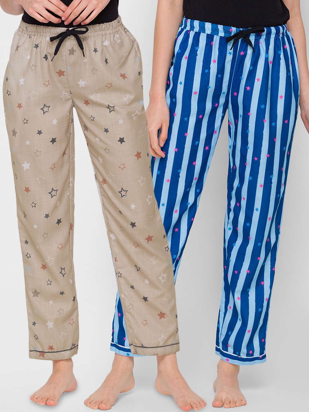 

FashionRack Women Pack Of 2 Beige & Blue Printed Regular Fit Cotton Lounge Pants