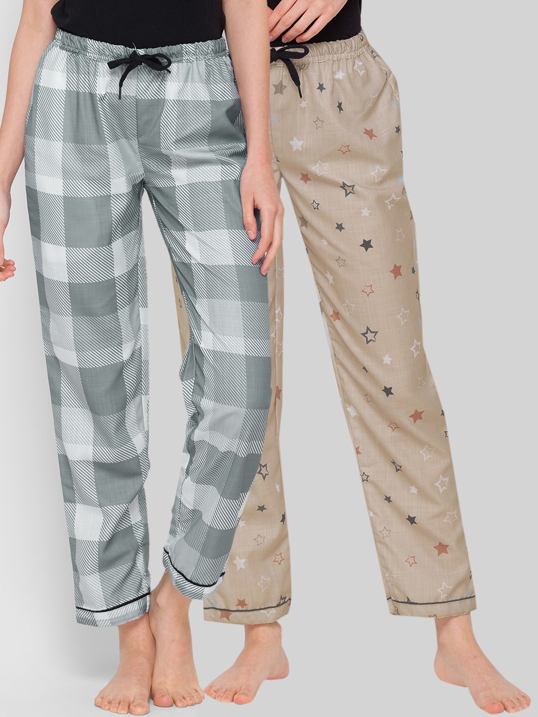 

FashionRack Women Beige & Grey Set Of 2 Printed Cotton Lounge Pants