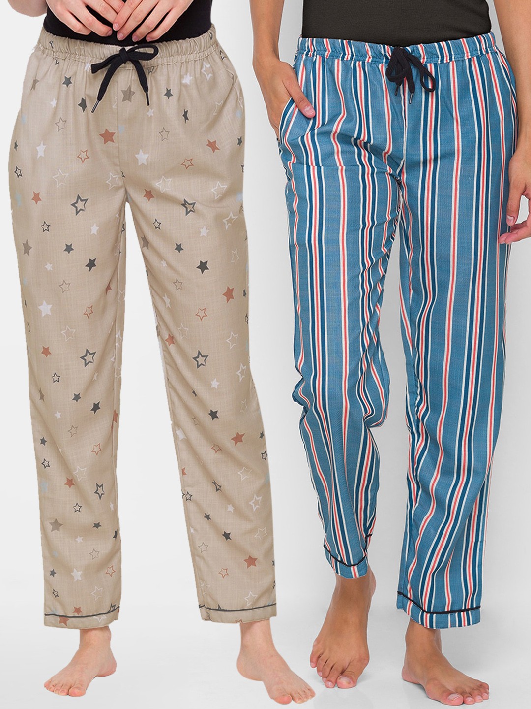 

FashionRack Women Pack Of 2 Beige & Blue Printed Regular Fit Cotton Lounge Pants