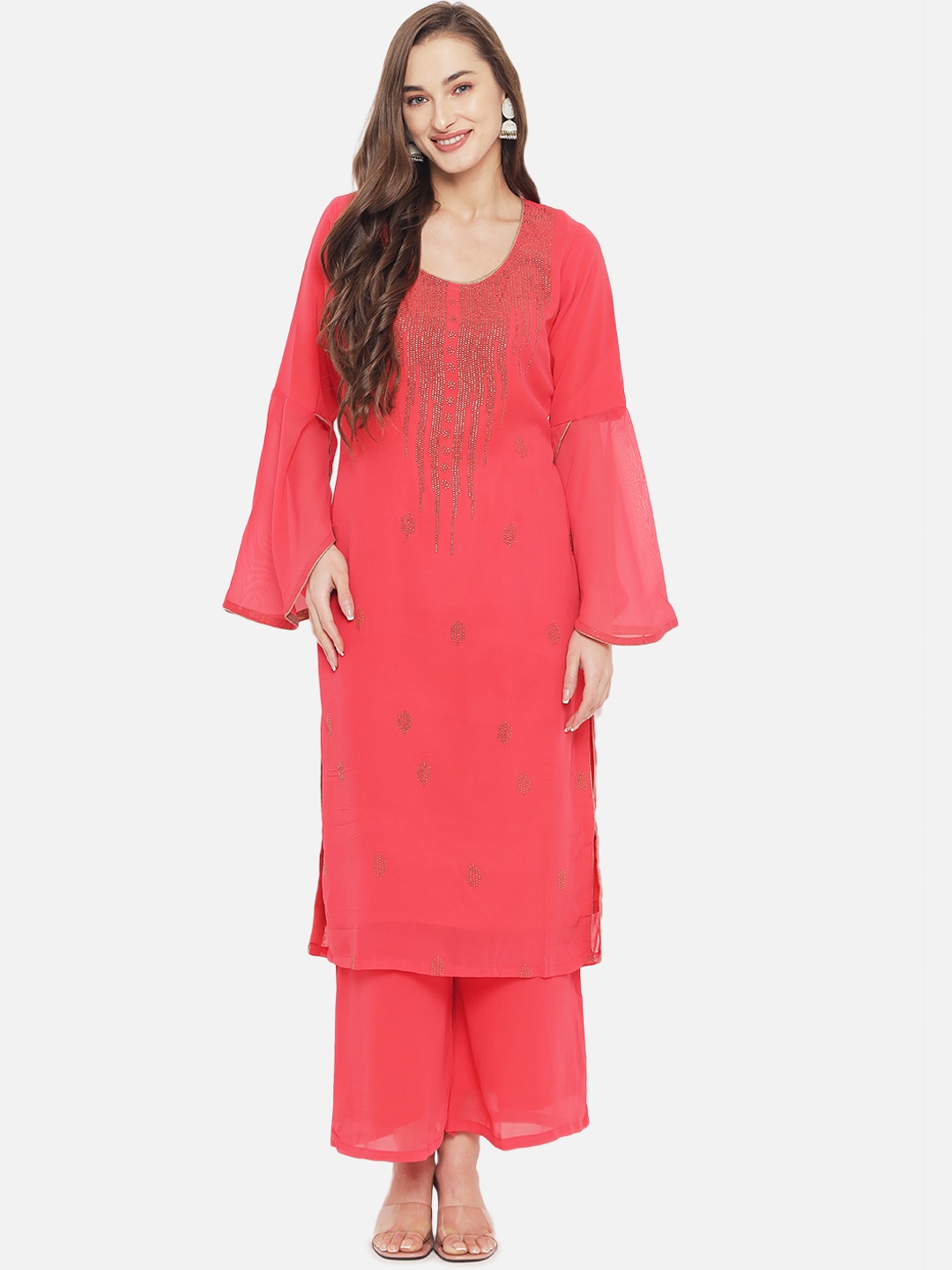 Aujjessa Women Coral Red Swarvoski Kurta with Palazzos