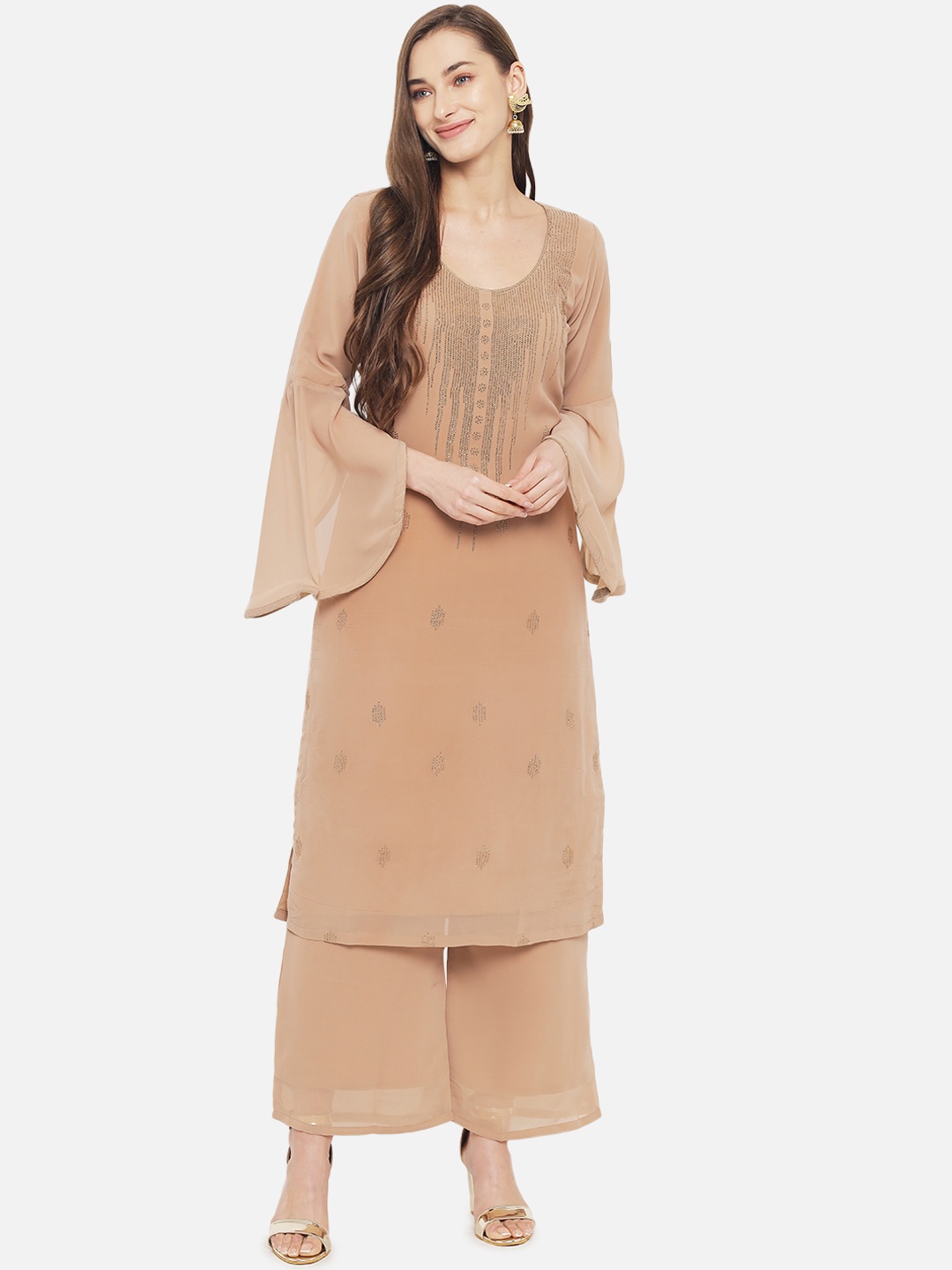 

Aujjessa Women Beige Swarvoski Kurta with Palazzos