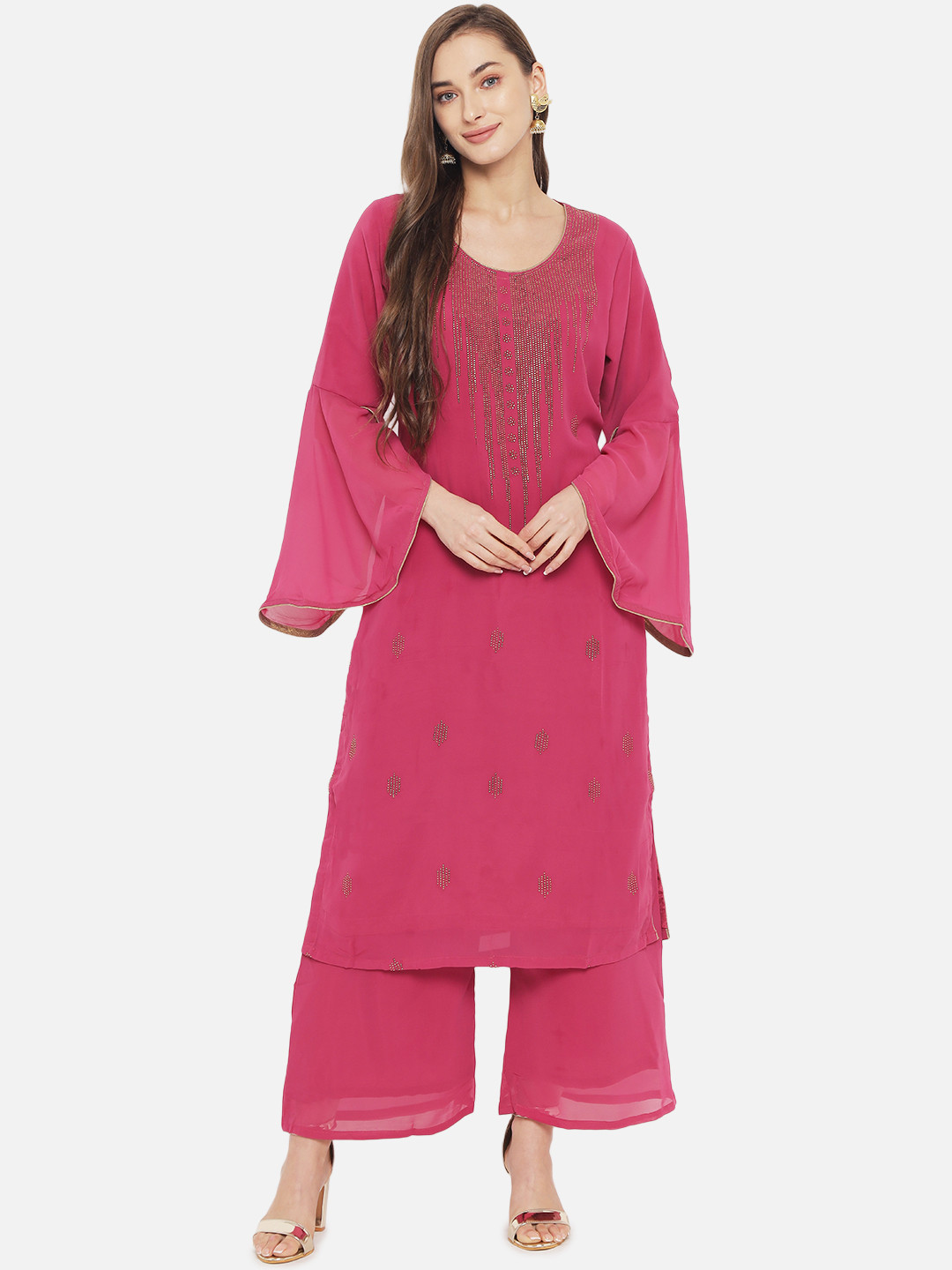 

Aujjessa Women Purple Floral Yoke Design Beads and Stones Kurta with Palazzos