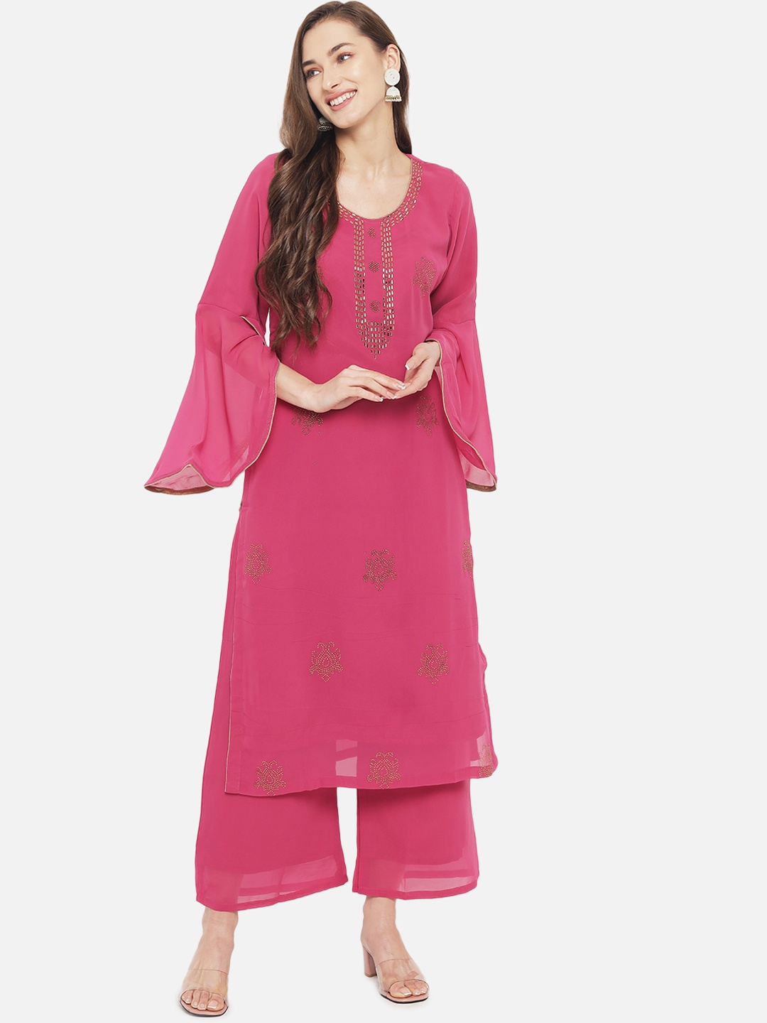 

Aujjessa Women Magenta Ethnic Motifs Embroidered Beads and Stones Kurta with Palazzos