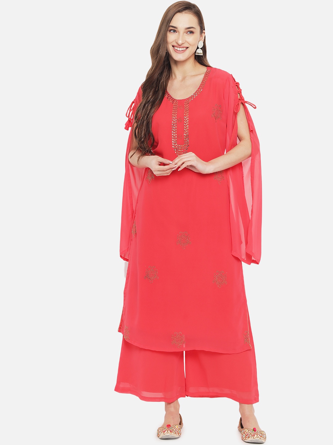 

Aujjessa Women Coral Red Swarvoski Kurta with Palazzos