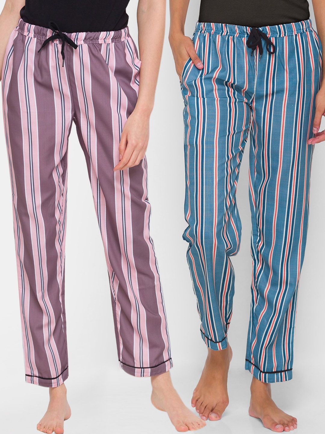 

FashionRack Women Pack of 2 Pink & Blue Printed Cotton Lounge Pants