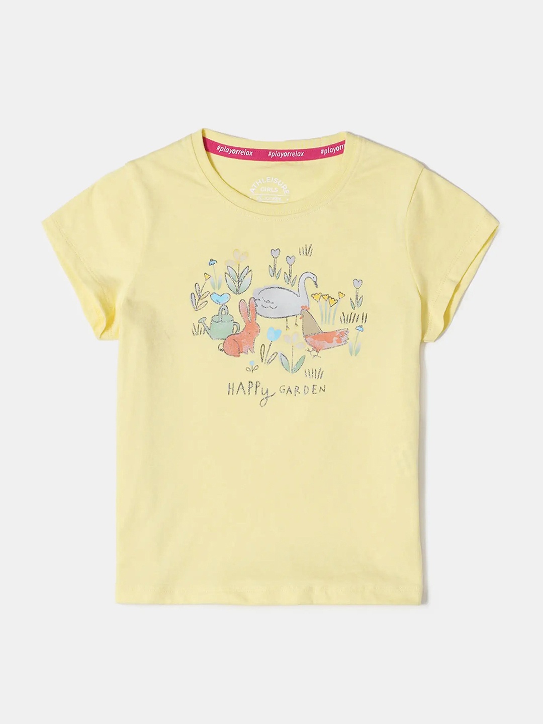 

Jockey Girl's Super Combed Cotton Graphic Printed Round Neck Short Sleeve Tshirt-AG01, Yellow